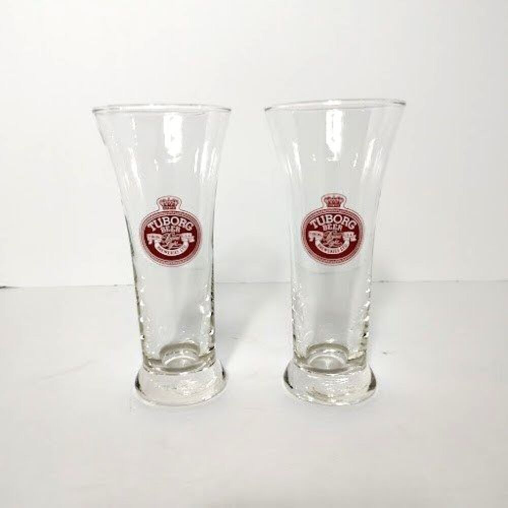 Set of 2 Vintage Tuborg Beer Pilsner Glasses Red Crown and Logo